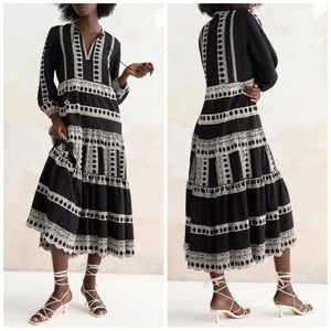 NWT Zara Black & White Boho Midi Dress Embroidered V-Neck Tiered Skirt